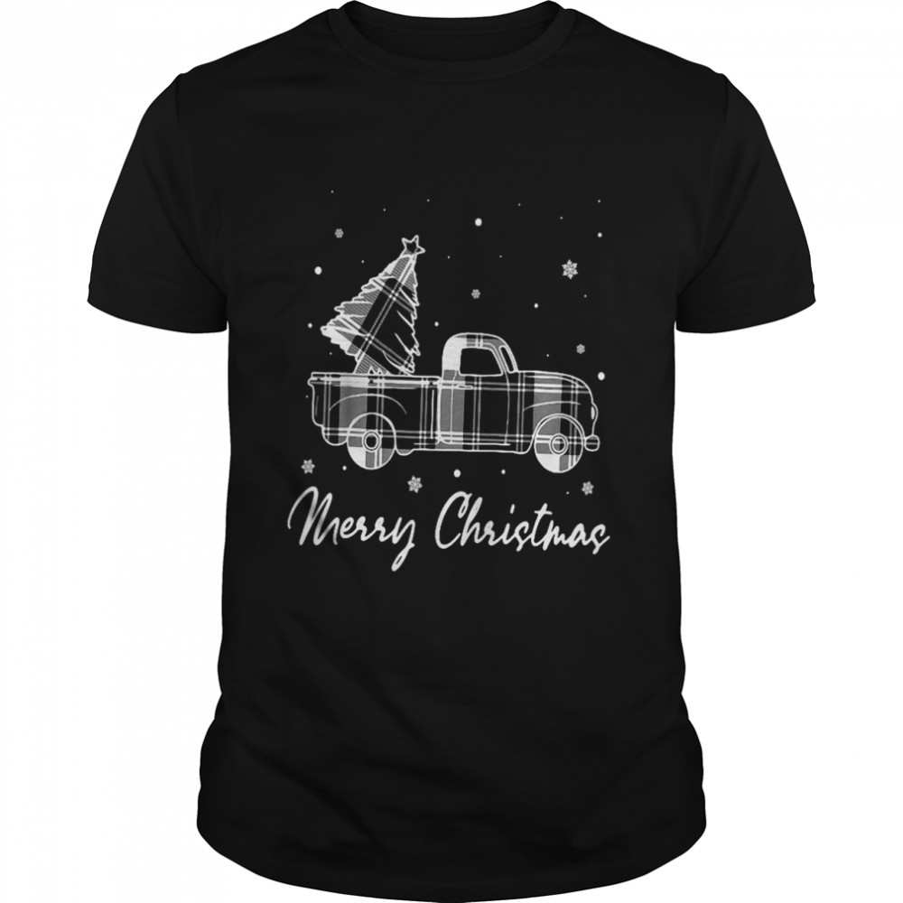 Vintage Christmas Tree on Car Truck Butiflo Plaid White shirt