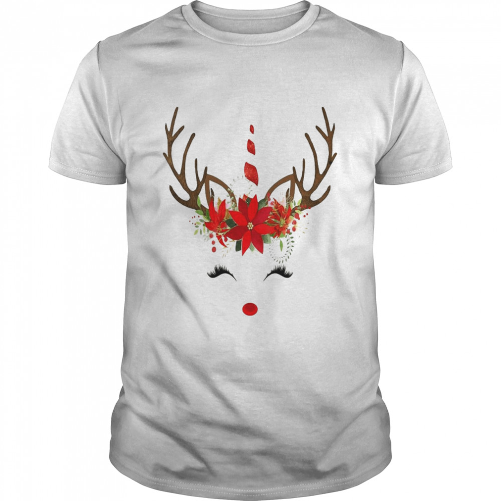 Christmas Reindeer Unicorn Face Holiday Poinsettia Sweater Shirt