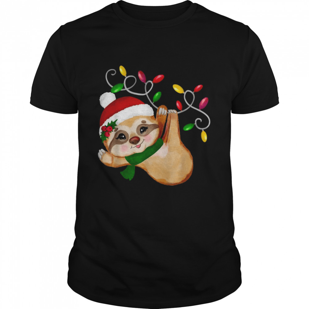 Children’s Cute Christmas Sloth Hanging on Christmas Lights Shirt