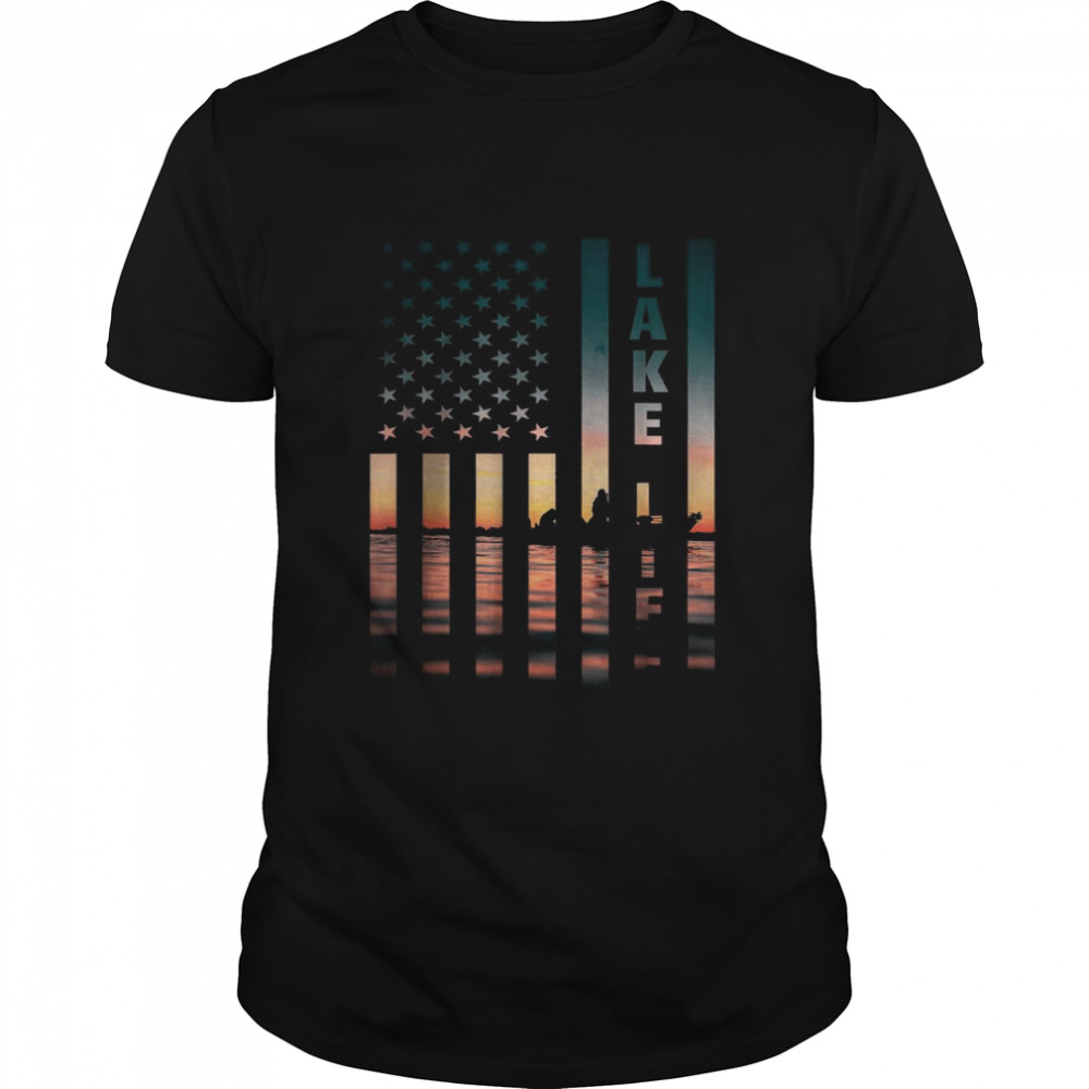 Lake Life Fisherman Sunset American Flag Bass Fishing Boat T-Shirt