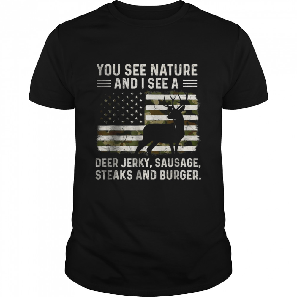 Deer Hunting Camo American Flag Whitetail Buck Antlers Shirt