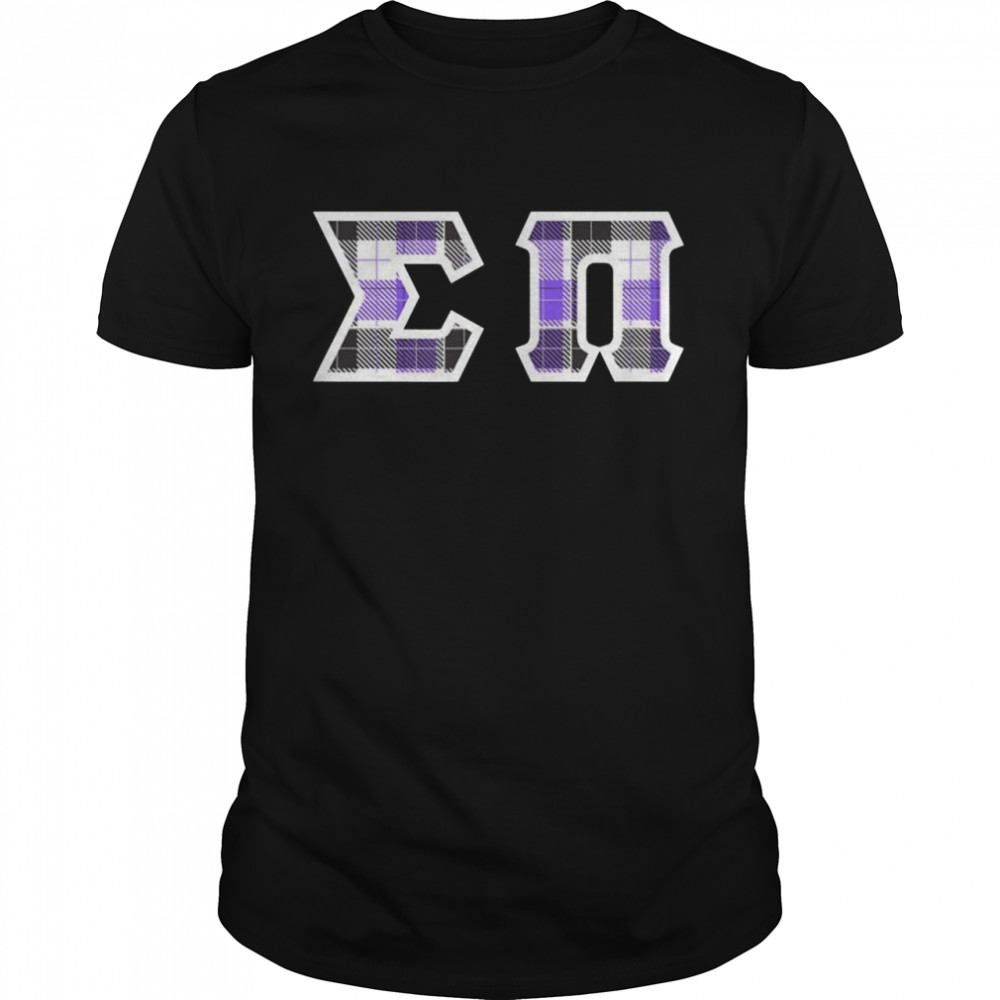 Sigma Pi Printed Letters Purple Plaid Shirt