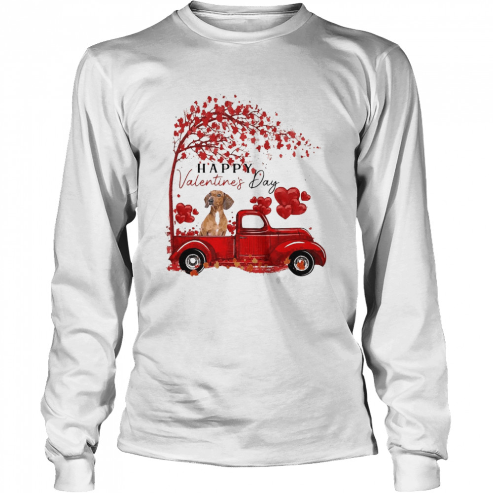 Labrador Driving Truck Happy Valentine”s Day Red Dachshund  Long Sleeved T-shirt