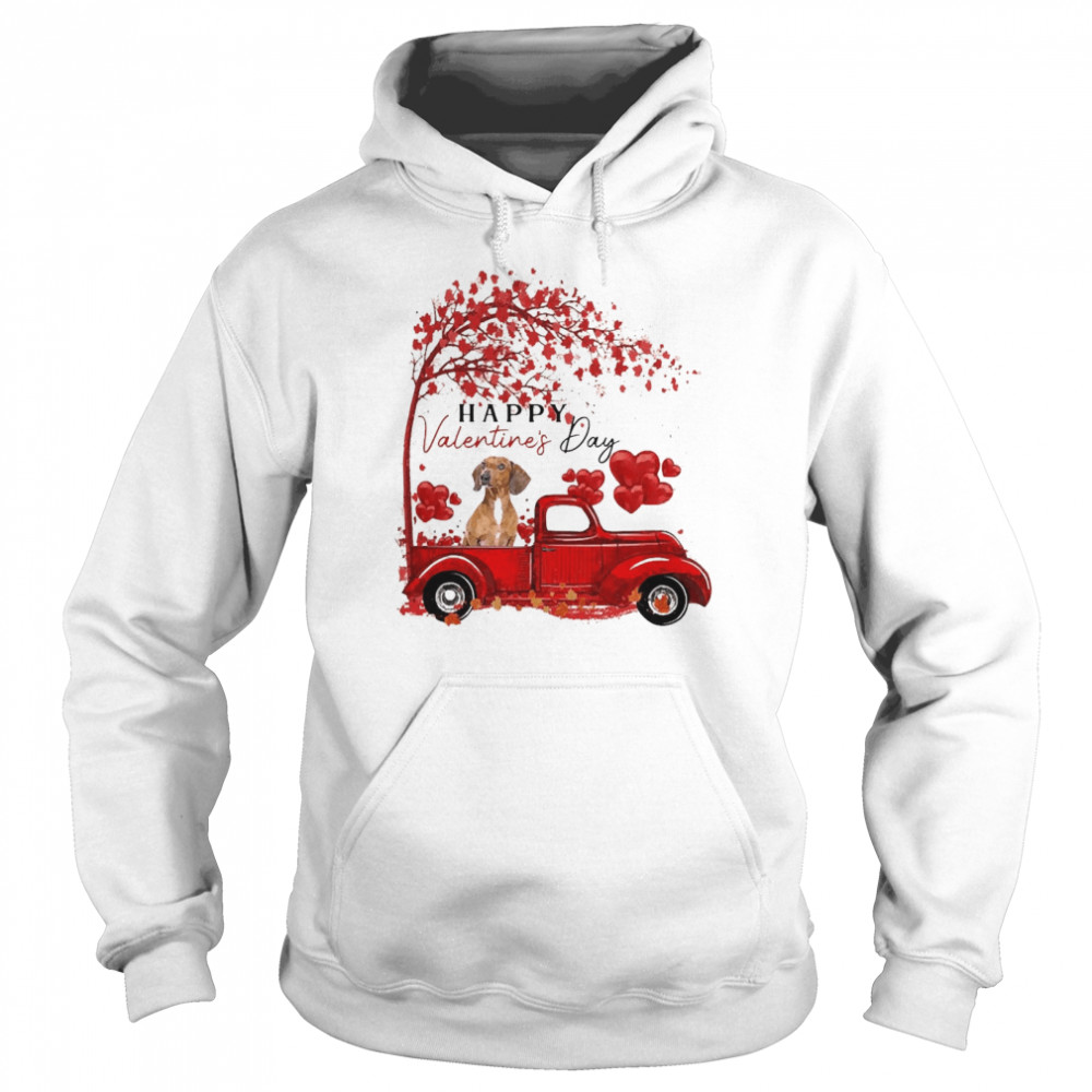 Labrador Driving Truck Happy Valentine”s Day Red Dachshund  Unisex Hoodie