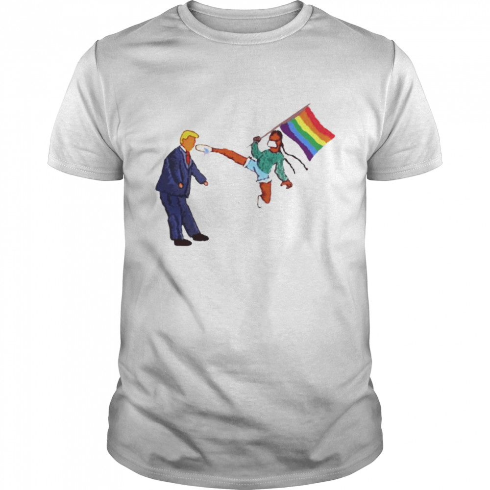 LGBT Black girl hold Pride flag kicking Trump in face shirt