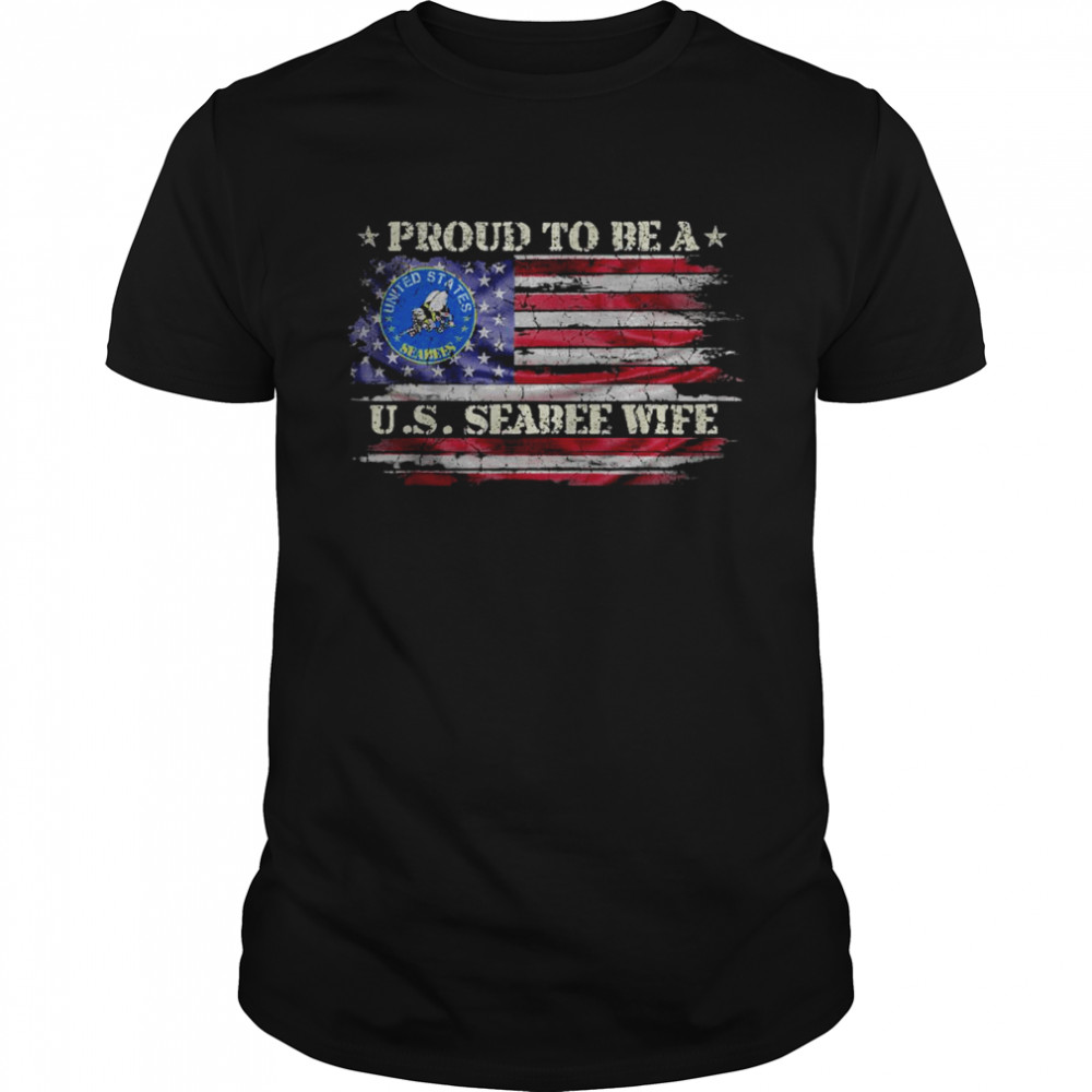 Vintage USA American Flag Proud To Be A Seabee Wife Military T-Shirt