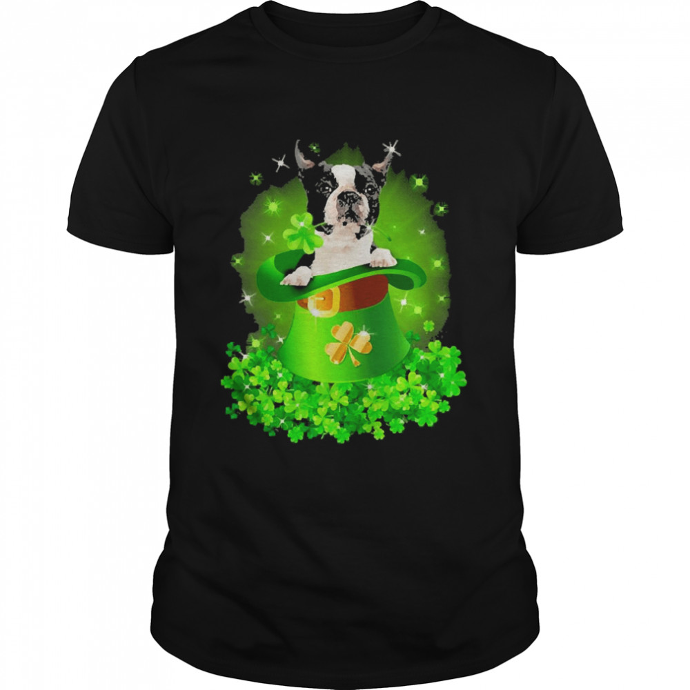 St. Patricks Day Shamrock Lucky Hat Black Boston Terrier Dogs Shirt