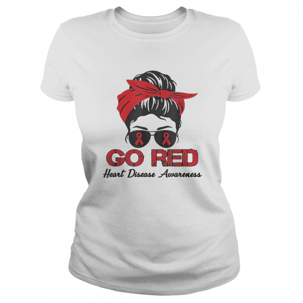 Heart Disease Awareness Month Red Ribbon Messy Bun  Classic Women's T-shirt