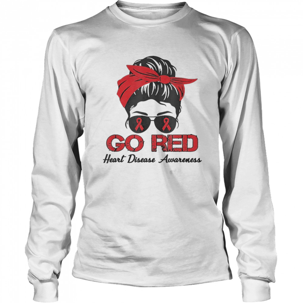 Heart Disease Awareness Month Red Ribbon Messy Bun  Long Sleeved T-shirt