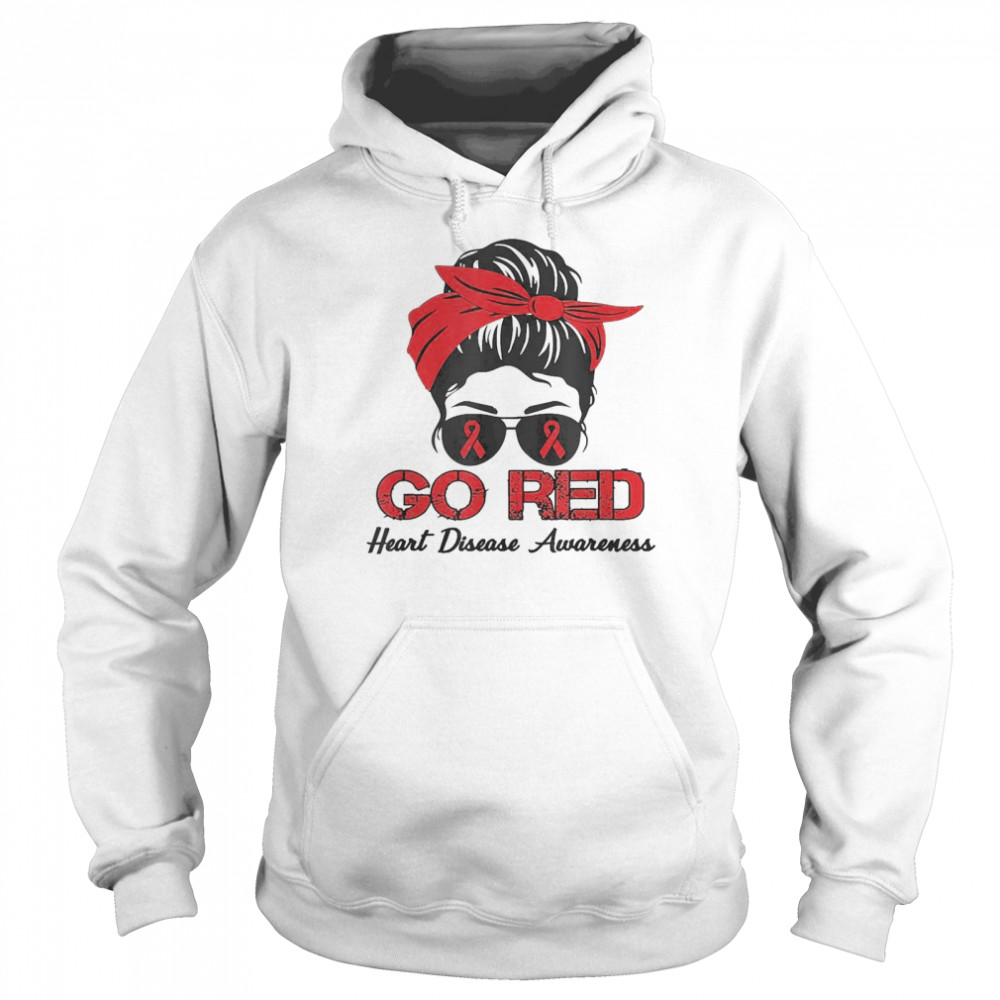 Heart Disease Awareness Month Red Ribbon Messy Bun  Unisex Hoodie