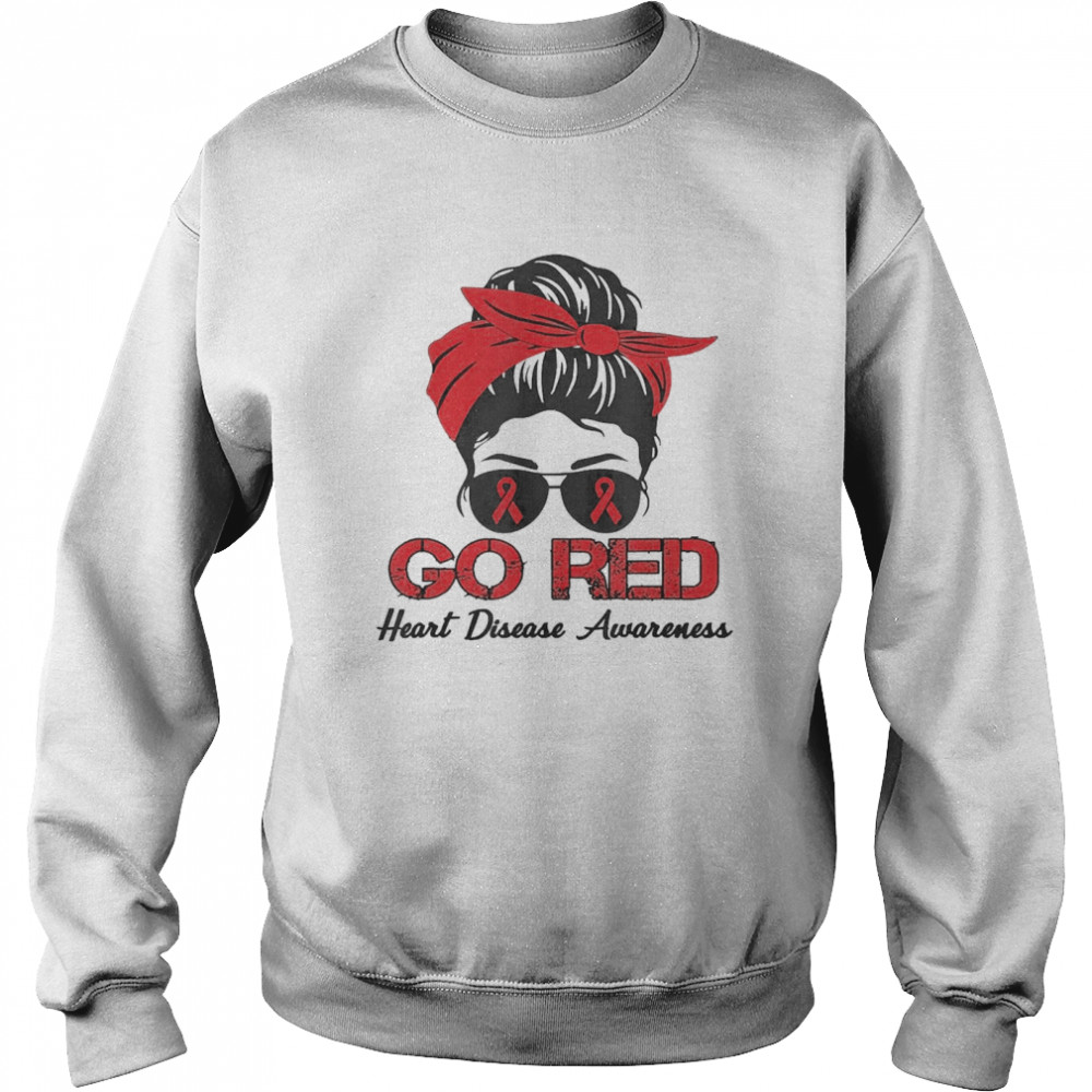 Heart Disease Awareness Month Red Ribbon Messy Bun  Unisex Sweatshirt