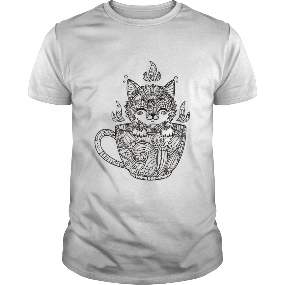 Coloring Book Style Playful Cat In Cup DIY Coloring Shirt