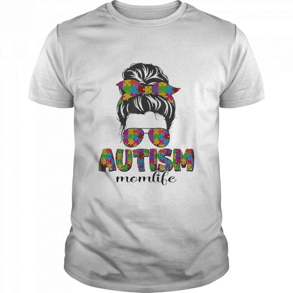 Autism Mom Messy Bun Puzzle Sunglasses Bandana Mother’s Day Shirt