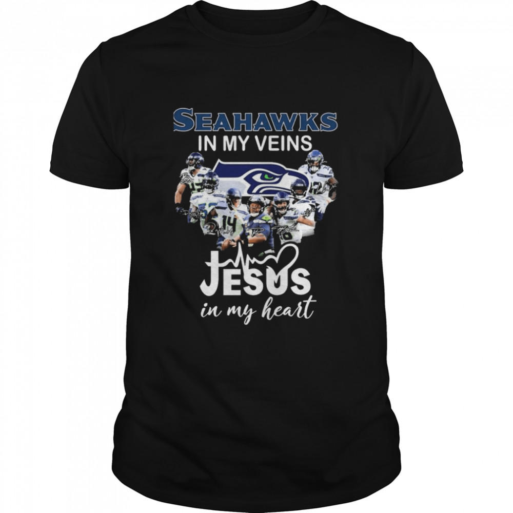 Seattle Seahawks In My Veins Jesus In My Heart Signatures Shirt