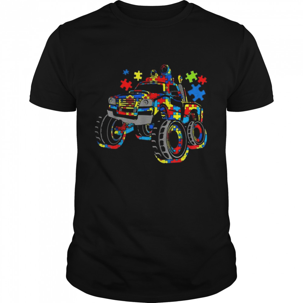 Monster truck with autism puzzle background love acceptance shirt