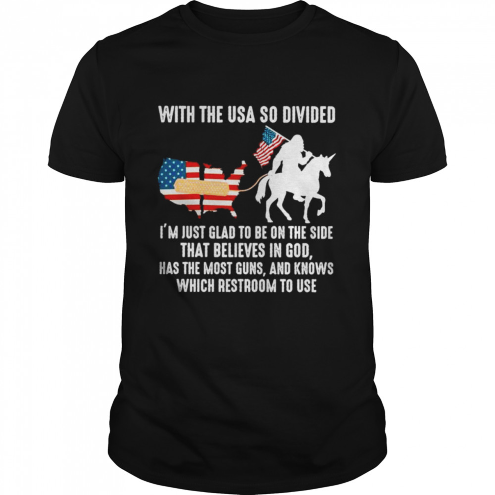 Bigfoot riding Unicorn with the USA so divided American flag shirt