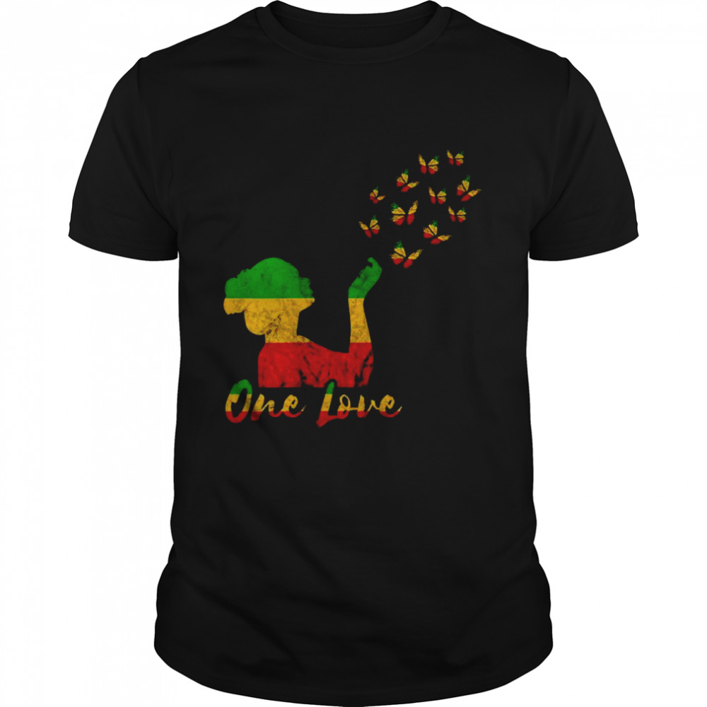 Womens One Love Rasta Reggae Butterfly Faith Rastafarian Girl Shirt