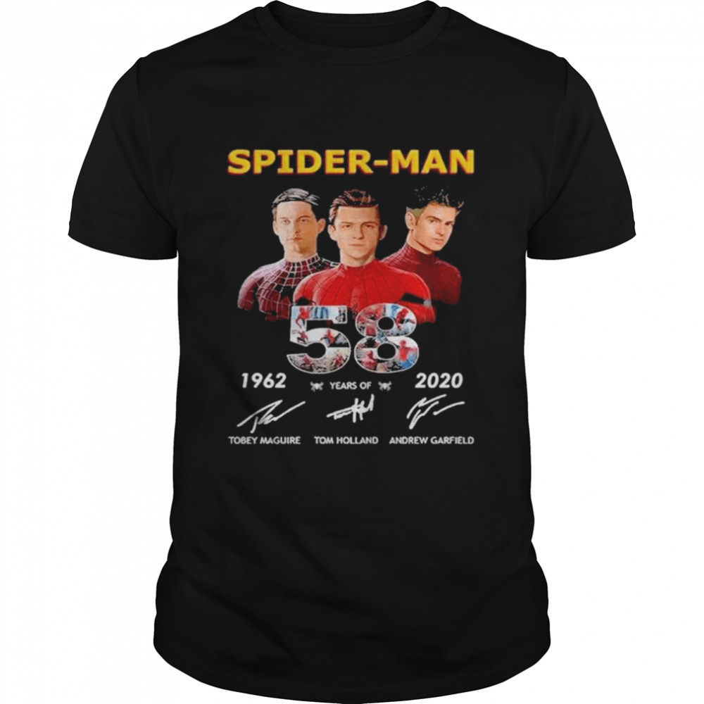 58 years of spider man tobey maguire tom holland andrew garfield signatures shirt