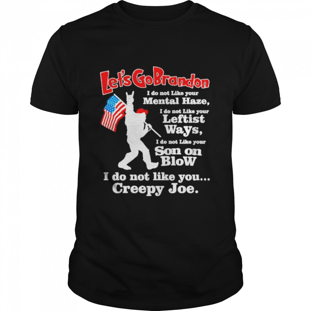 Bigfoot let’s go brandon American flag leftist ways son on blow shirt