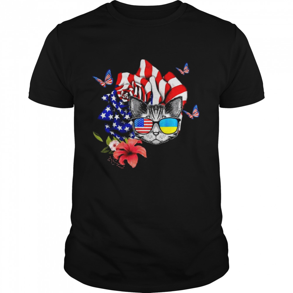 Cat proud and rose American flag 4th of july shirt