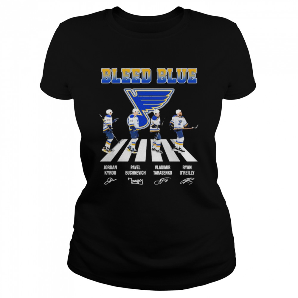 The Bleed Blue Jordan Kyrou Pavel Buchnevich Vladimir Tarasenko Ryan O’Reilly abbey roads sigantures shirt Classic Women's T-shirt