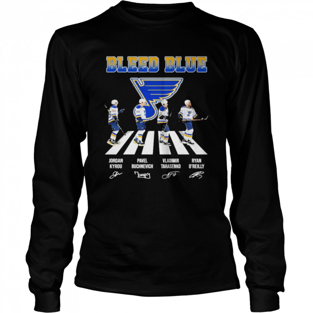 The Bleed Blue Jordan Kyrou Pavel Buchnevich Vladimir Tarasenko Ryan O’Reilly abbey roads sigantures shirt Long Sleeved T-shirt