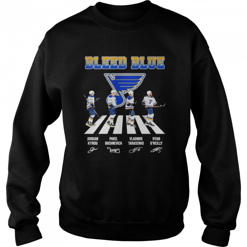 The Bleed Blue Jordan Kyrou Pavel Buchnevich Vladimir Tarasenko Ryan O’Reilly abbey roads sigantures shirt Unisex Sweatshirt