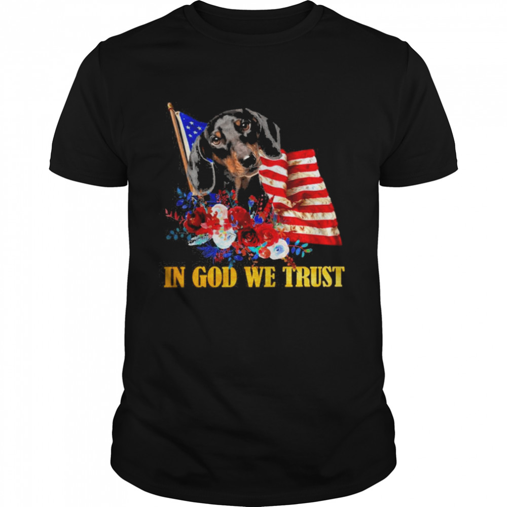 Flower Flag In God We Trust BLACK Dachshund Shirt