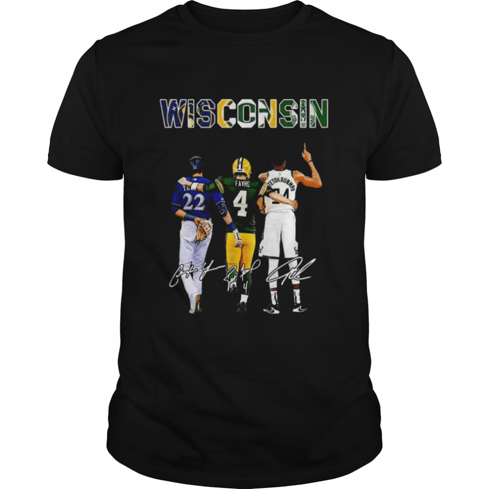 Wisconsin Team Sport Christian Yelich And Brett Favre And Antetokounmpo Signatures Shirt