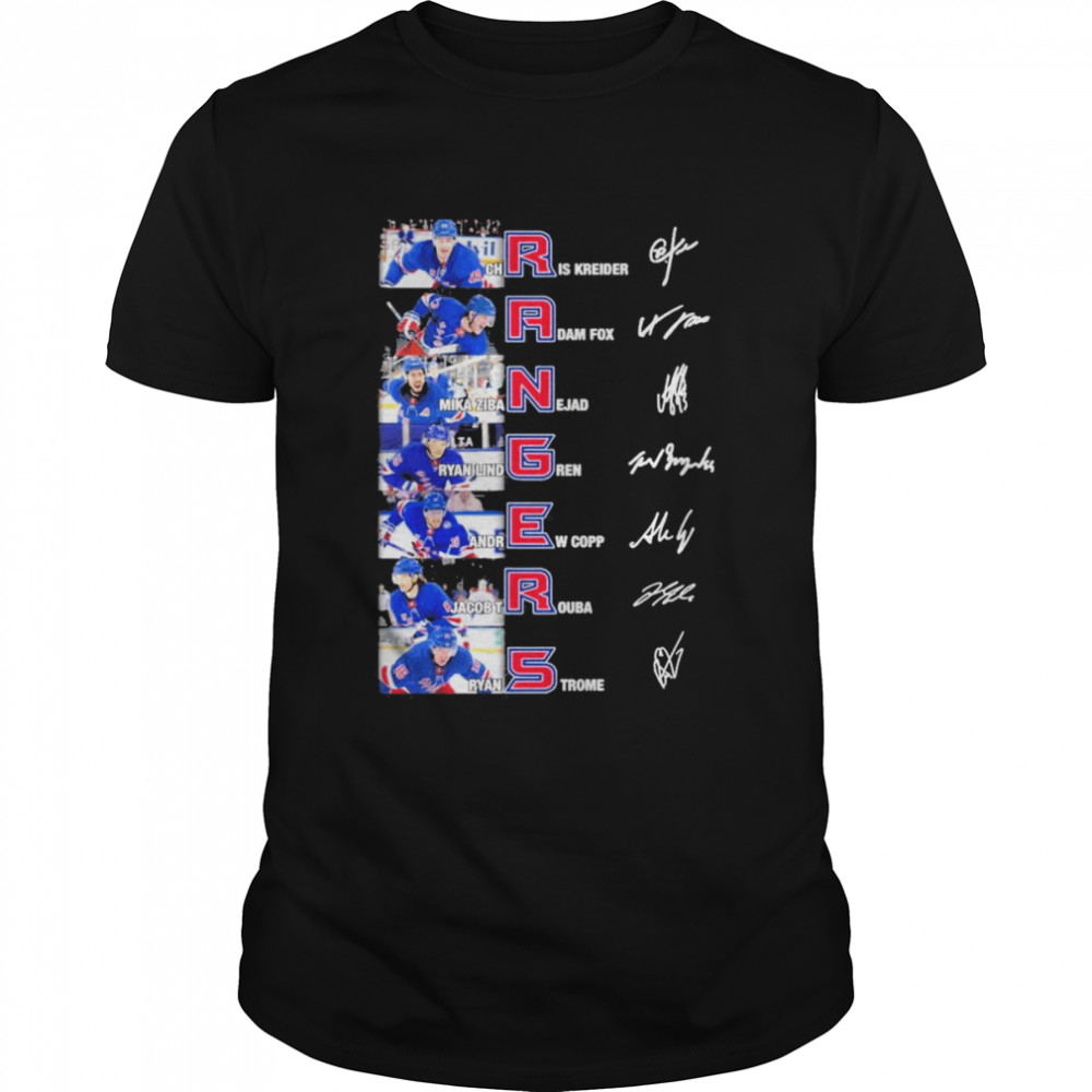 New York Rangers Chris Kreider Adam Fox Mika Zibanejad signatures shirt