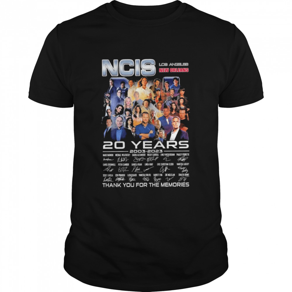 The NCIS Los Angeles New Orleans 20 years 2003 2023 signatures thank you for the memories shirt