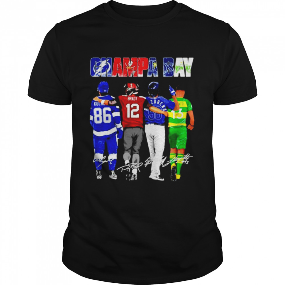 Champa Bay Nikita Kucherov Tom Brady Randy Arozarena and Sebastián Guenzatti signatures shirt