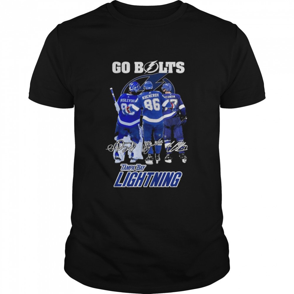 Andrei Vasilevskiy Nikita Kucherov And Victor Hedman Go Bolts Tampa Bay Lightning Champions Signautres Shirt