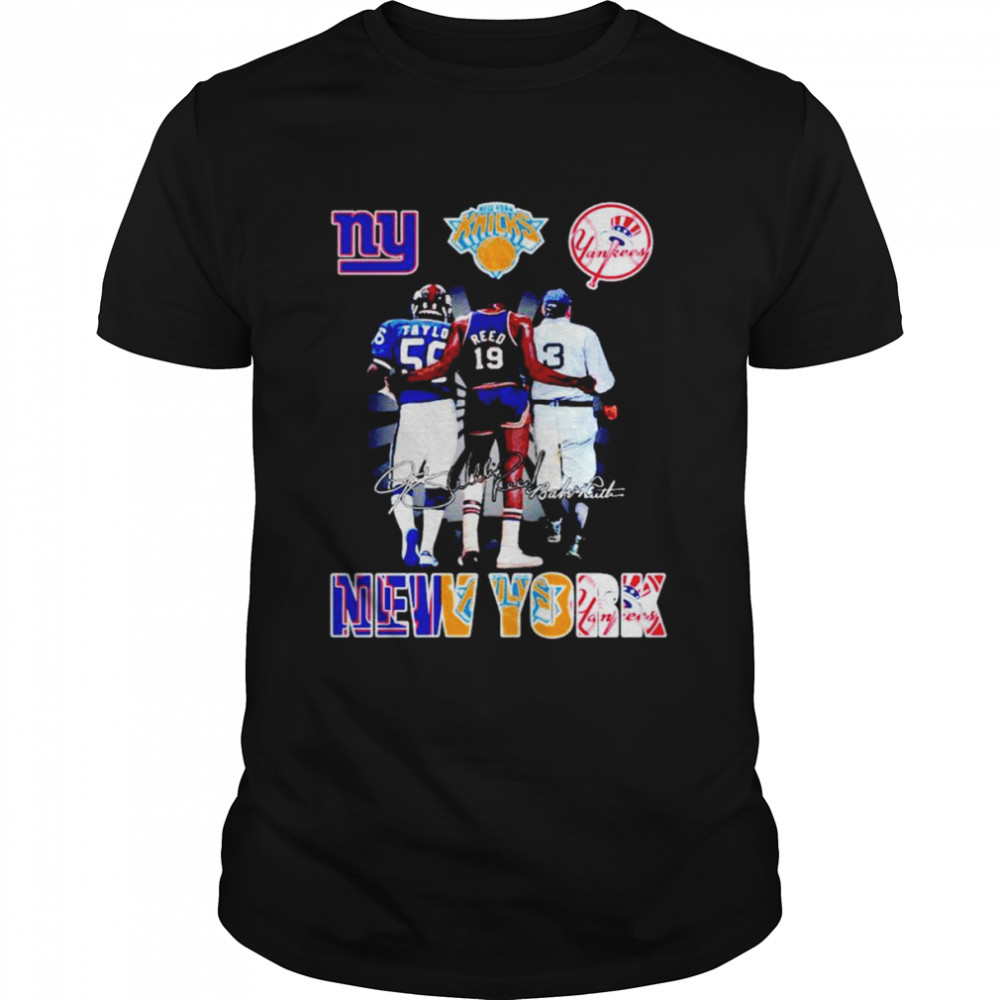 New York Sports Teams Lawrence Taylor 55 Willis Reed 19 Babe Ruth 3 signatures shirt