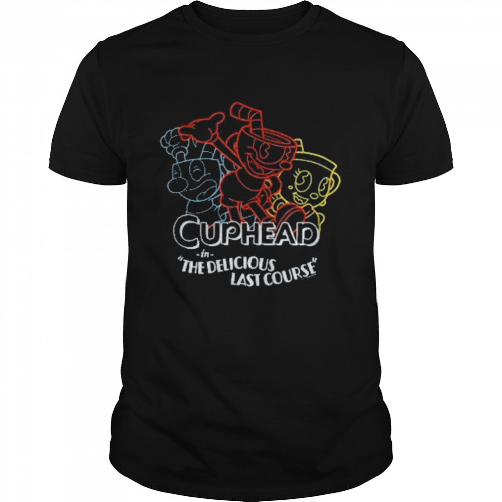 Cuphead the delicious last course neon group poster shirt