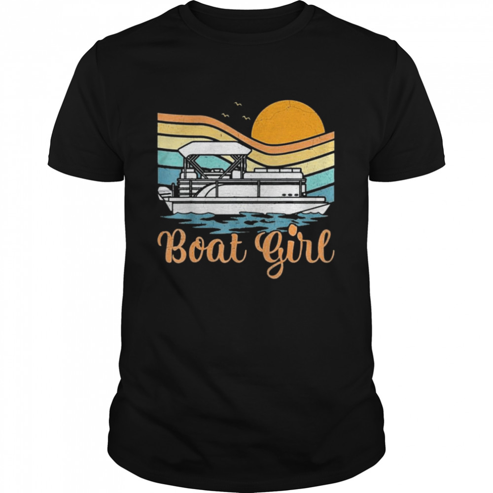 Pontoon Boat Lover Vintage Retro Sunset Boat Girl Boating Shirt