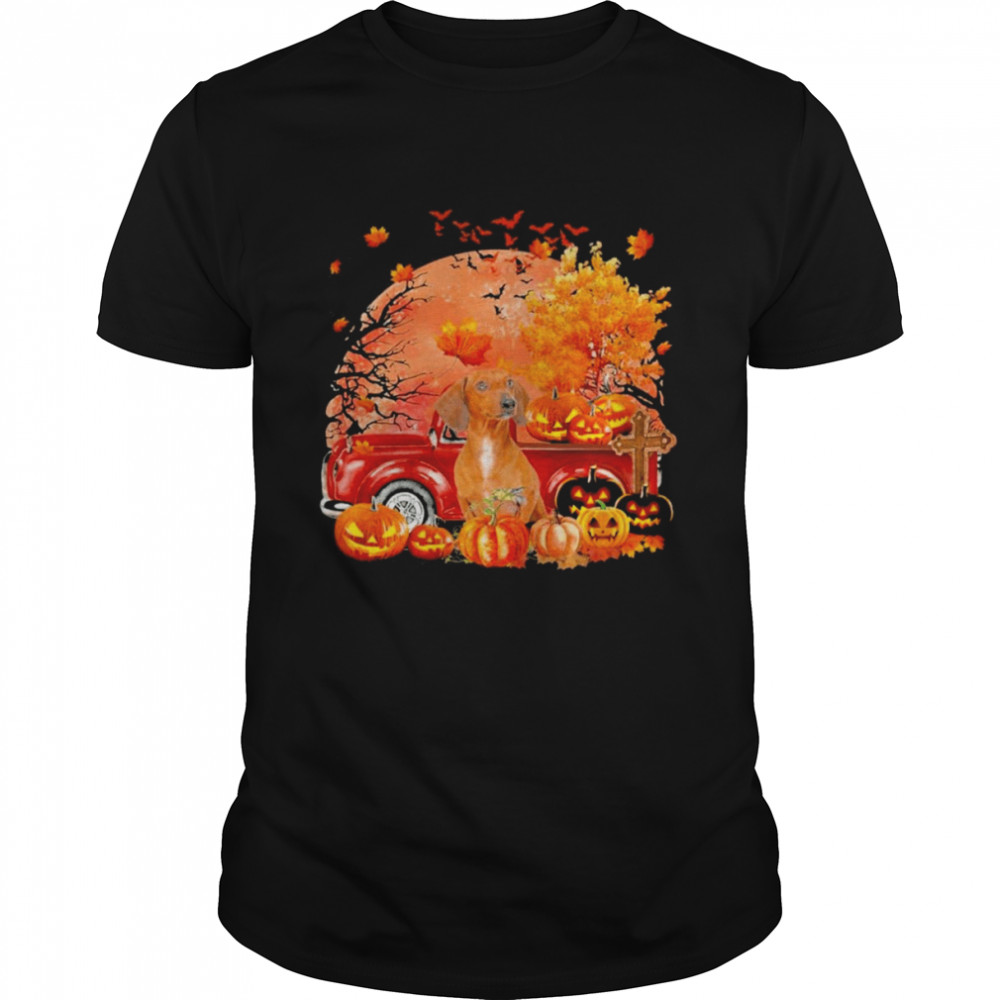 Red Dachshund Dog Hollowed Pumpkin Moon Shirt