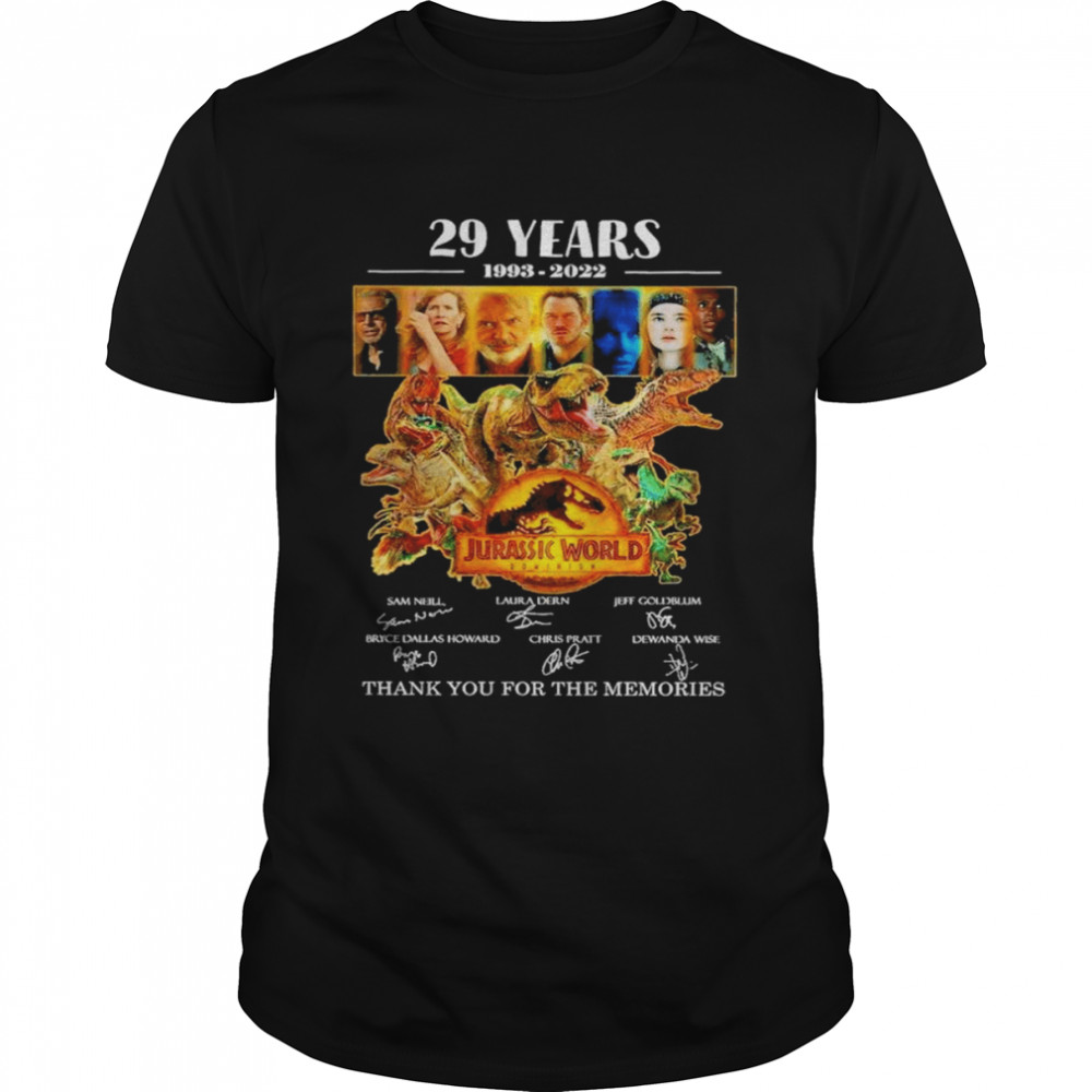 Jurassic World 29 years 1993 2022 signatures thank you for the memories shirt