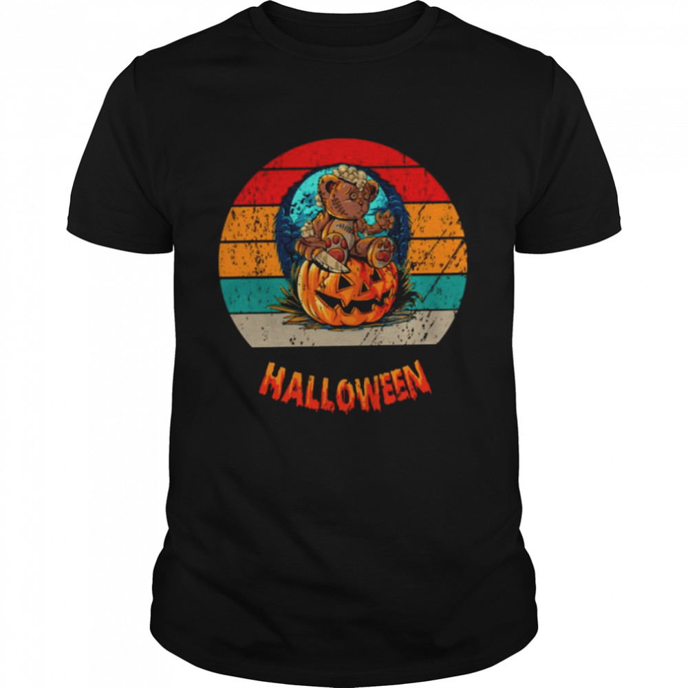 Halloween Teddy Bear With Knife Sitting Pumpkin shirt