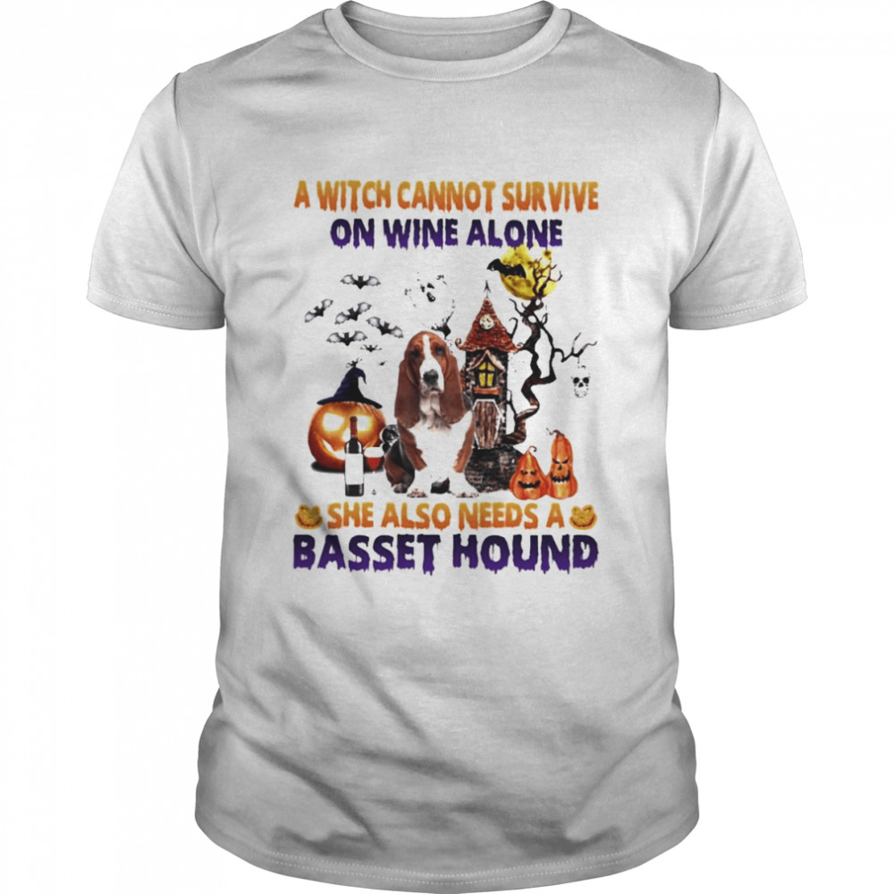 A Witch cannot survive on wine alone she also needs a Basset Hound Halloween shirt