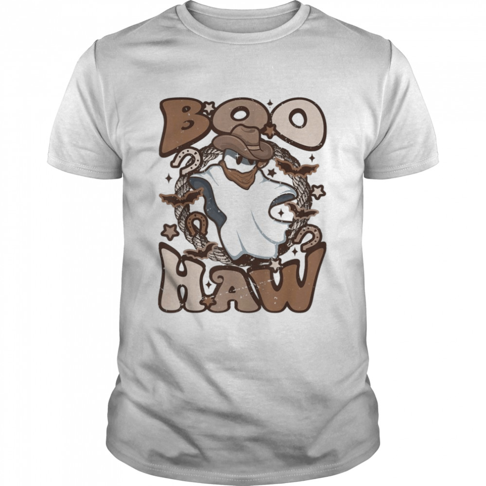 Cowboy Cowgirl Ghost Boo Haw Retro Halloween Western Ghost T-Shirt