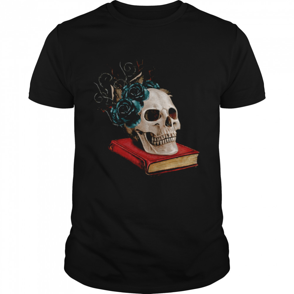 Watercolor Gothic Skull On A Book With Thorns And Black Roses shirt