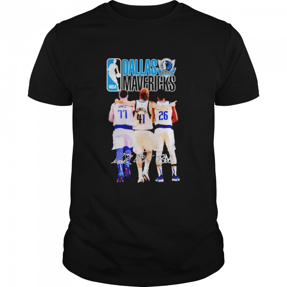 Dallas Mavericks Luka Dončić Dirk Nowitzki Spencer Dinwiddie signatures T-shirt