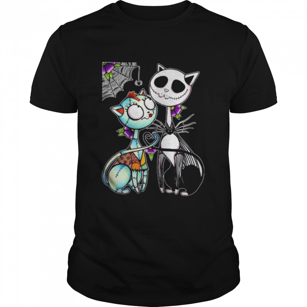 Cat Jack Skellington And Sally Skull Art Happy Halloween shirt