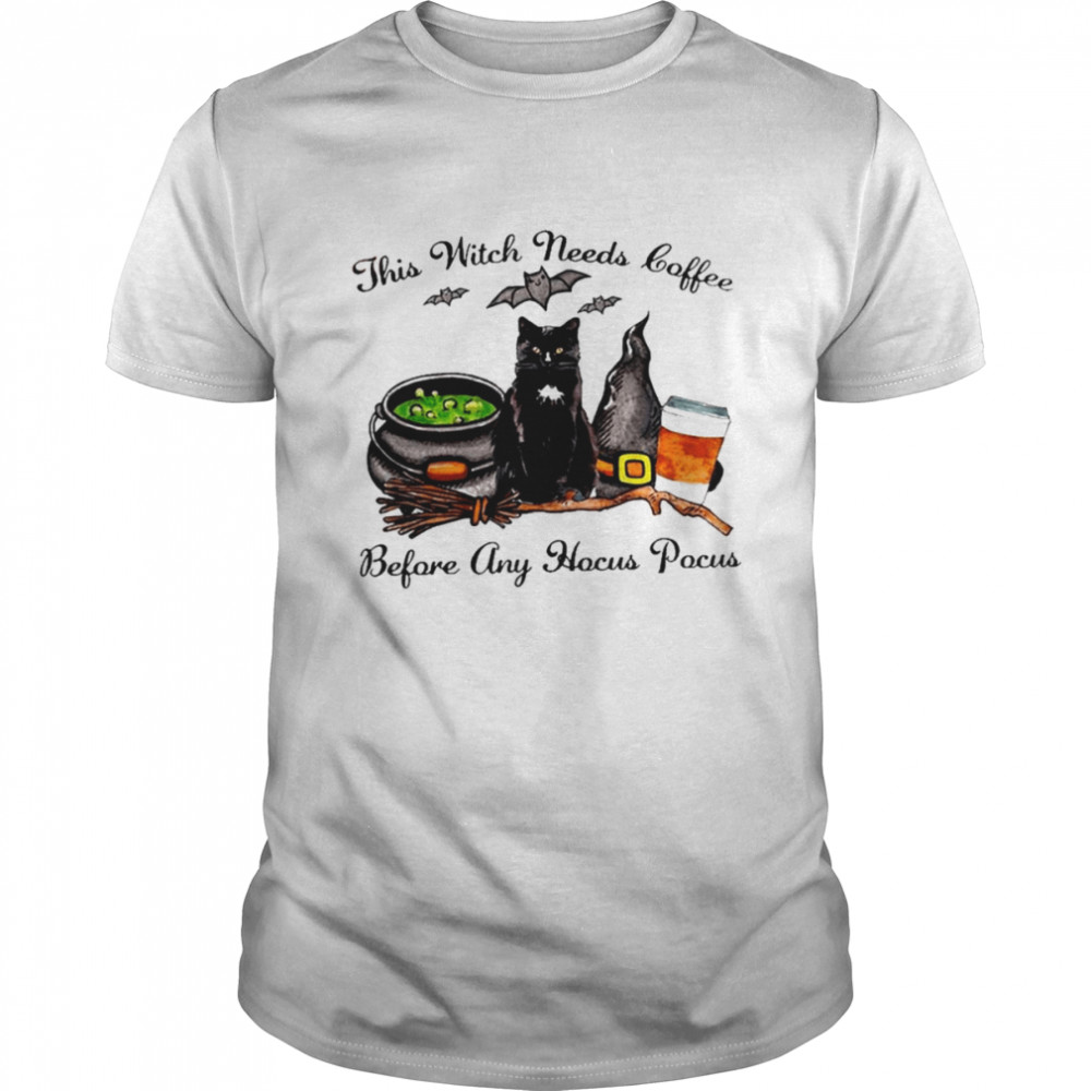 Black Cat this Witch needs Coffee before any Hocus Pocus Halloween 2022 shirt