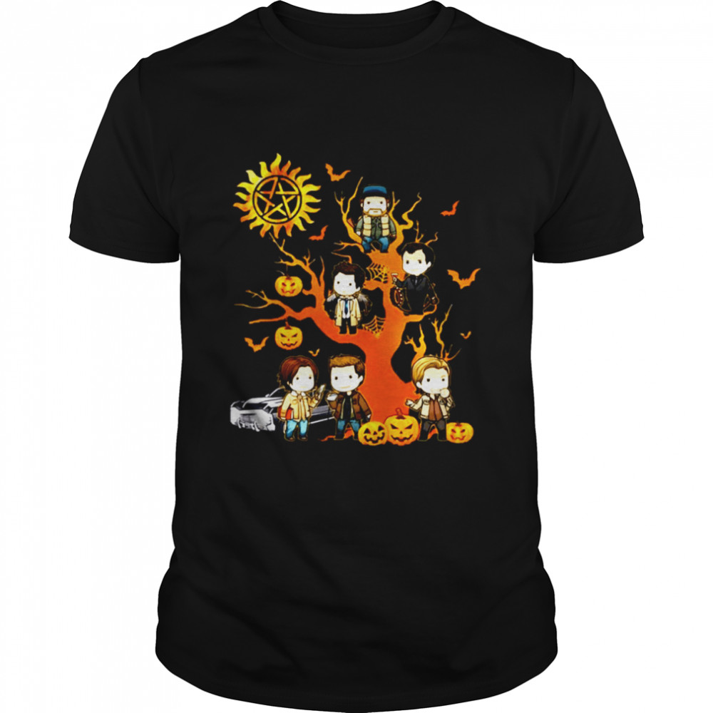 Supernatural Characters Chibi On Halloween Tree shirt