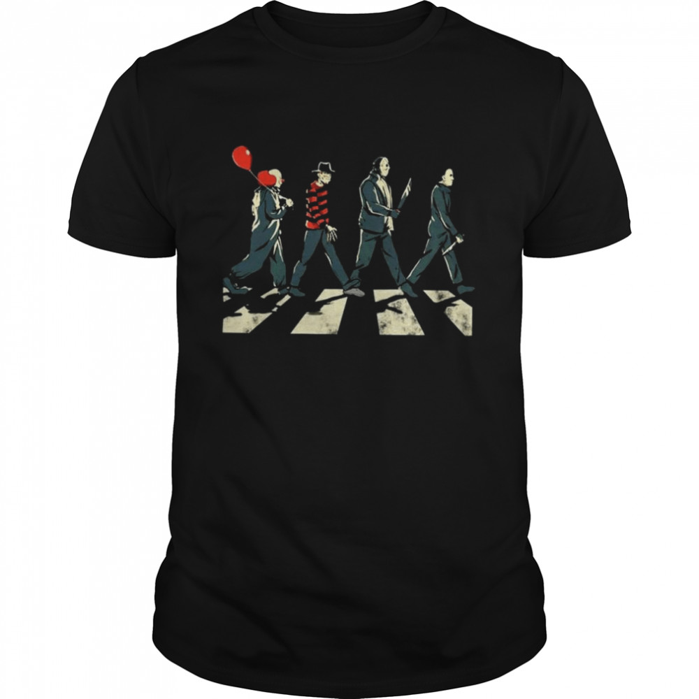 Pennywise Freddy Krueger Jason Voorhees and Michael Myers Abbey Road Halloween Shirt