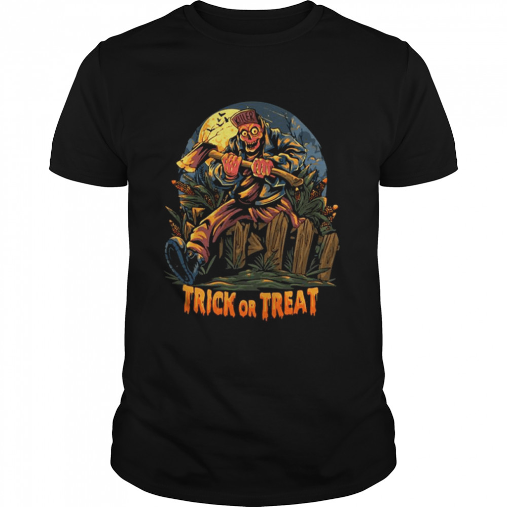 Zombies Carrying Axes Going To A Party Event Jumping Over Wooden Fences In The Corn Garden Halloween Spooky Night shirt