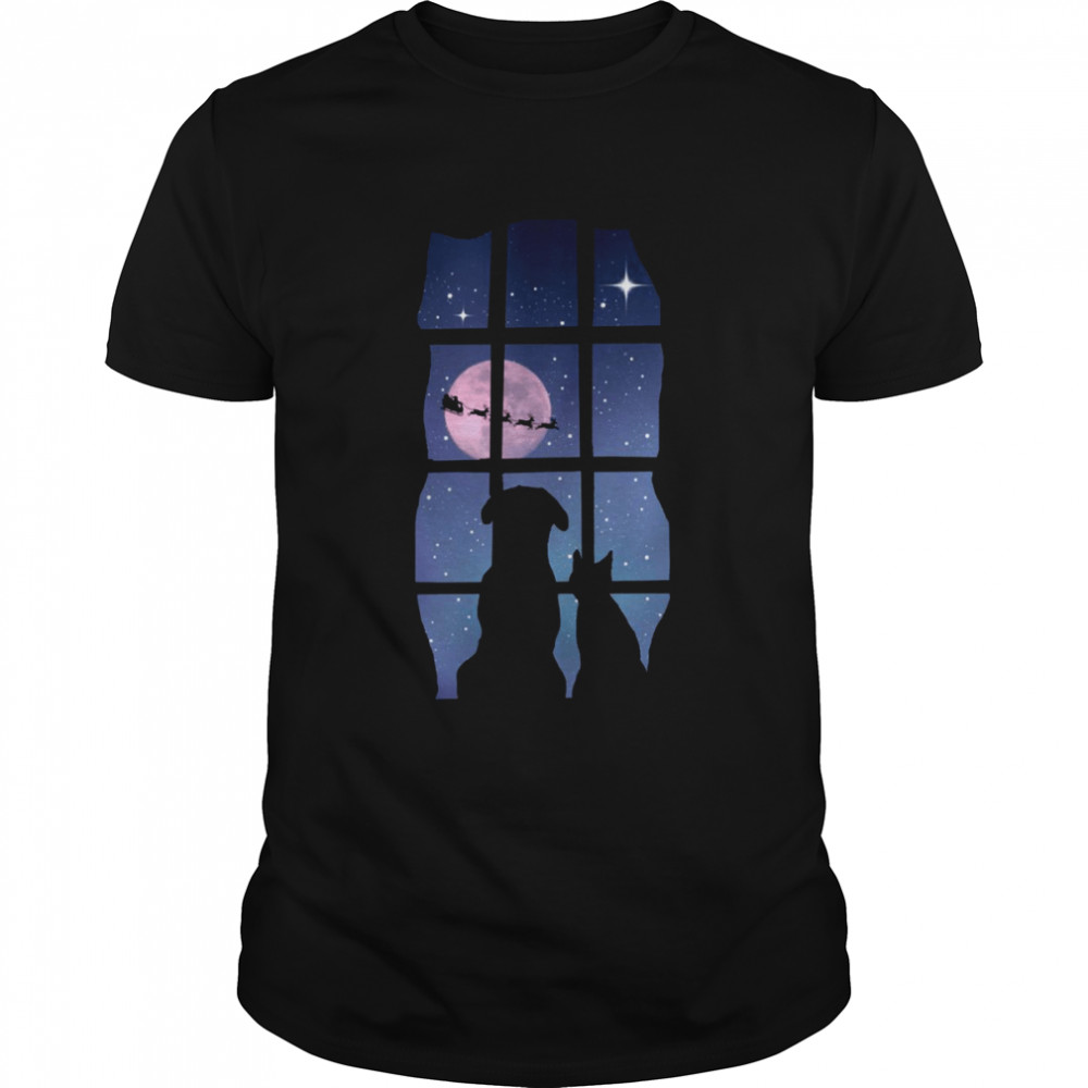 Holiday Cute Dog And Cat In Window Watching Santa Merry Christmas shirt