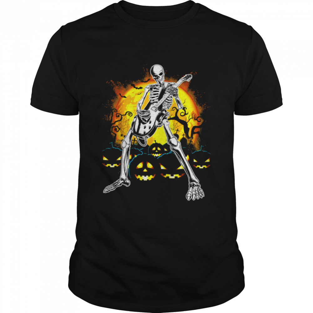 Happy Halloween Funny Skeleton Playing Guitar Pumpkin Vibes shirt